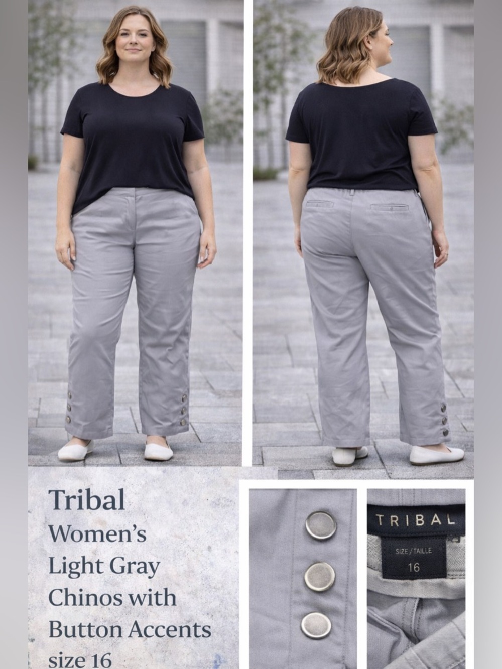 Tribal Women's Light Gray Chinos with Button Accents size 16